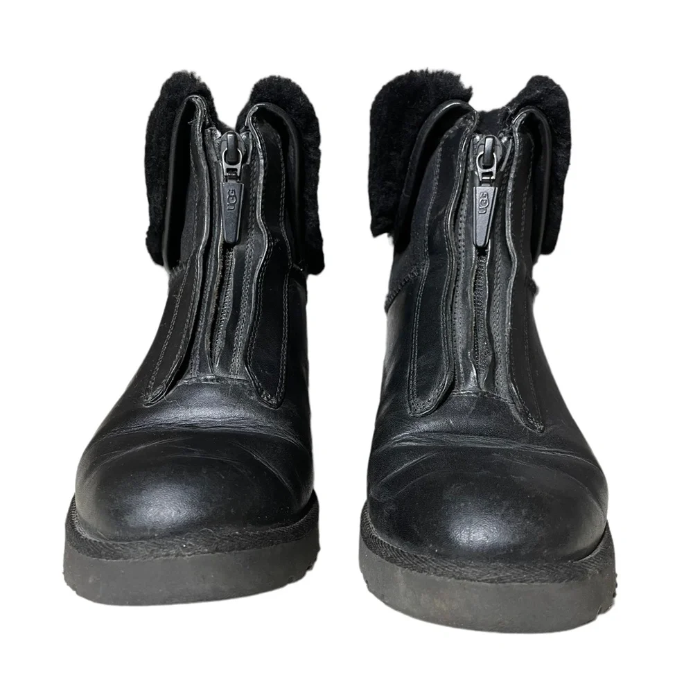 UGG Leather Shearling Boots 4 Foldover F20016E Black 10124 Winter Ankle Bootie